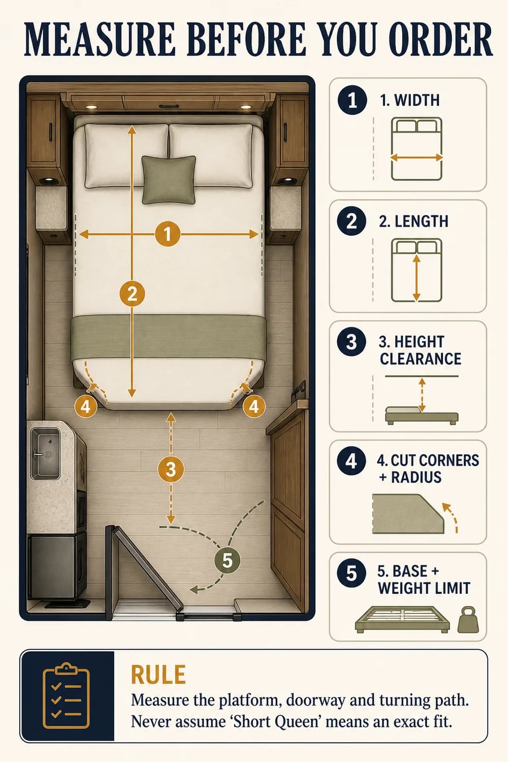RV mattress measurement guide showing width, length, height clearance, cut corners, base and weight-limit checks