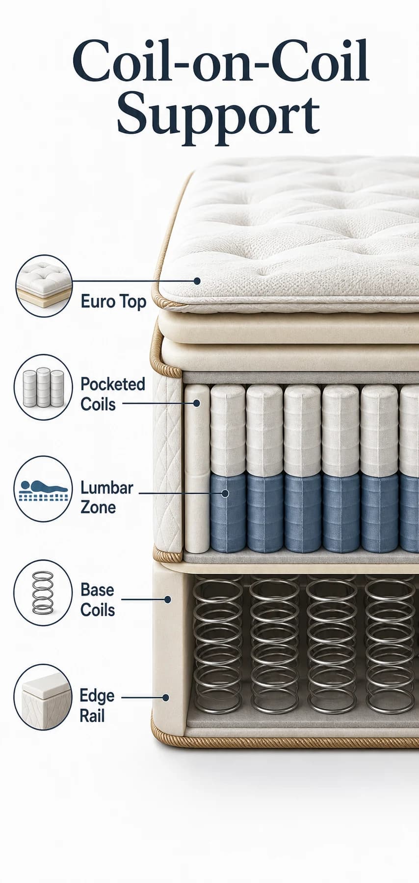 Coil-on-coil mattress support infographic showing Euro top, pocketed coils, lumbar zone, base coils and edge rail