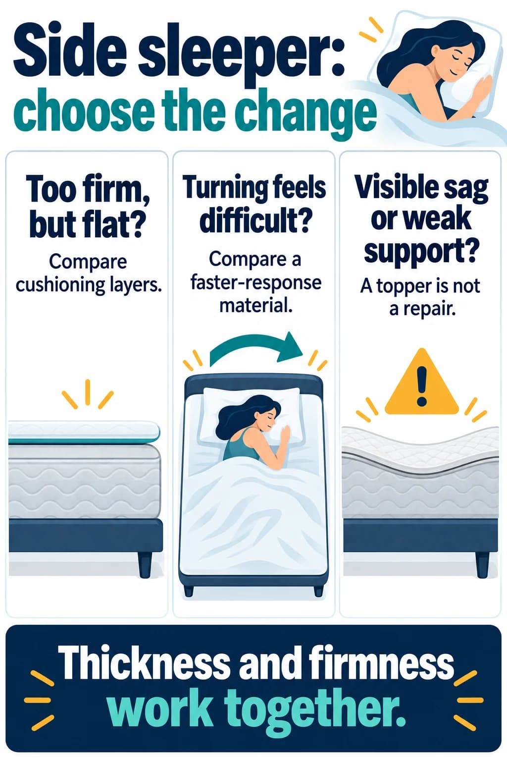 Three topper decisions: add cushioning to a flat firm bed, compare quicker response for turning, and avoid using a topper to repair sagging.