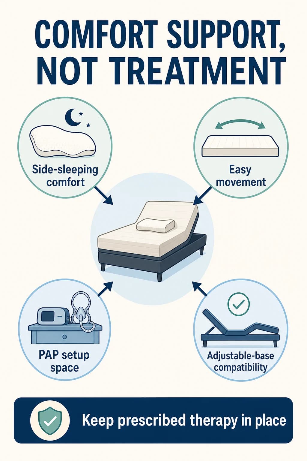 Diagram showing side-sleeping comfort, easy movement, PAP setup space, and adjustable-base compatibility as comfort supports rather than treatment