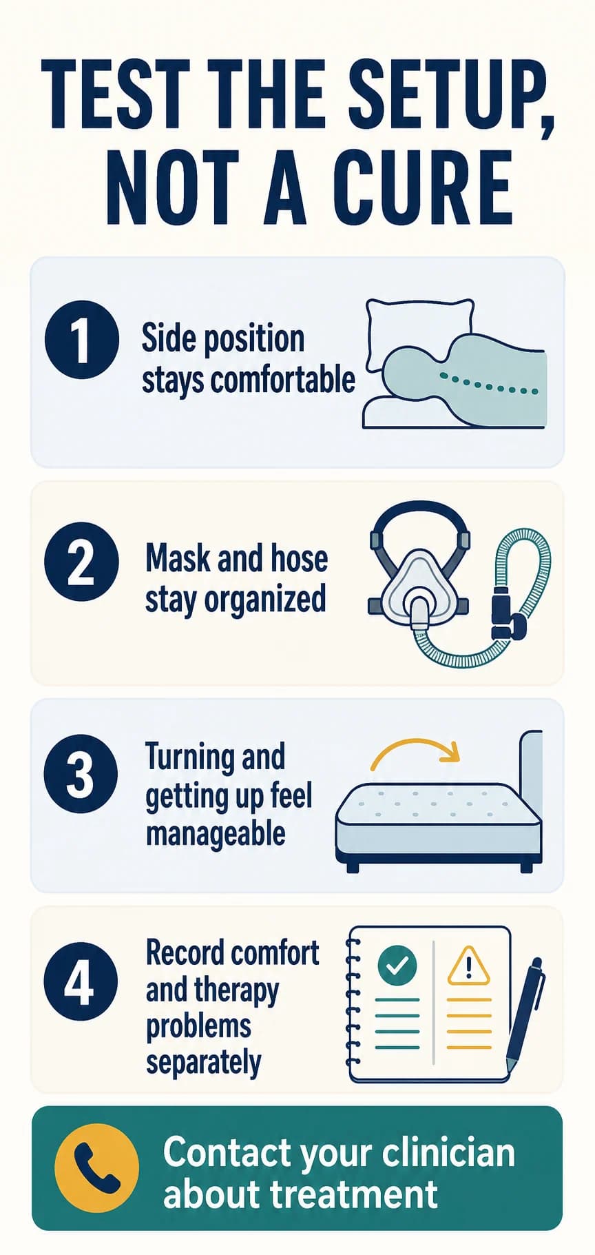 Four-step mattress trial checklist separating side-position comfort and PAP setup from clinical treatment concerns