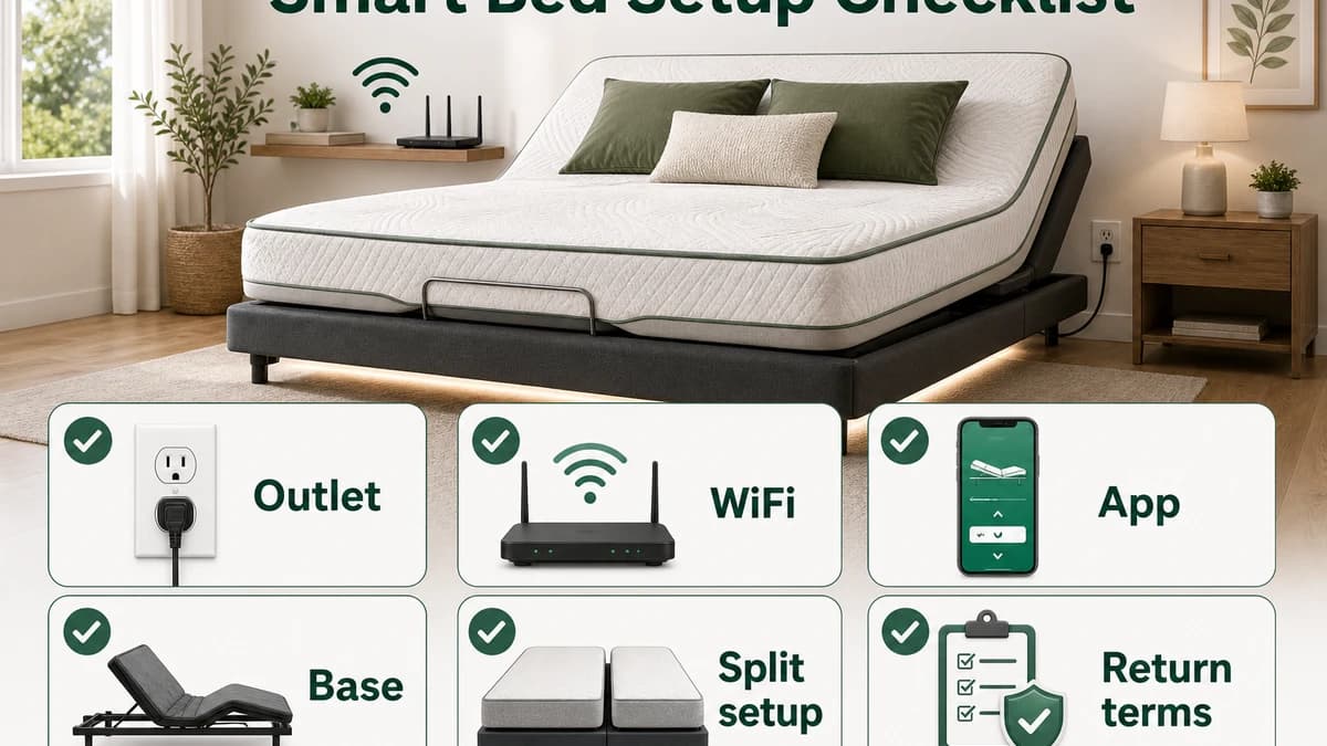 Smart bed setup checklist showing outlet, WiFi, app, base, split setup, and return terms