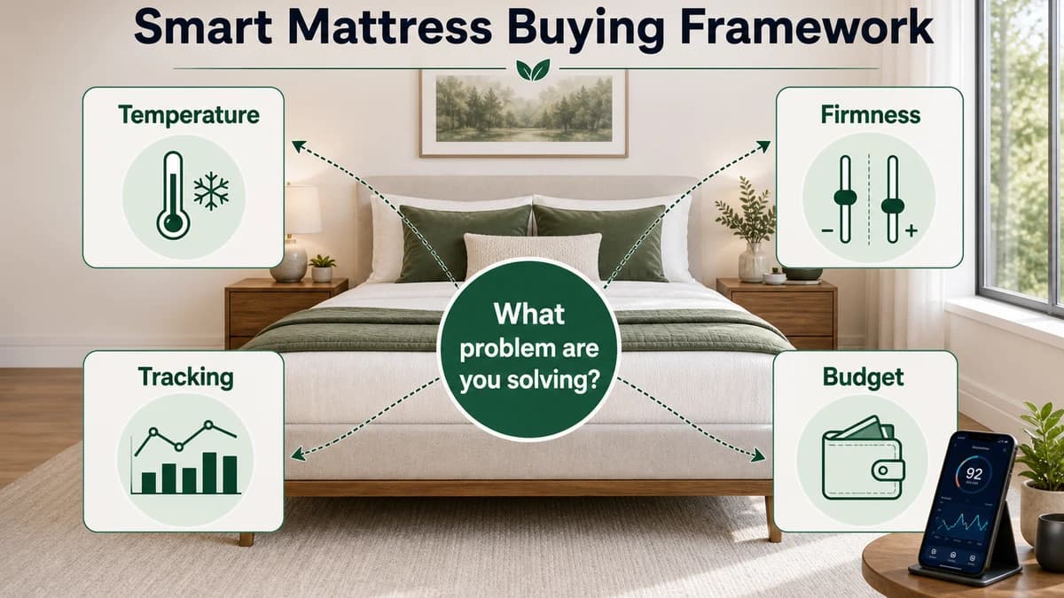 Smart mattress buying framework showing temperature, firmness, tracking, and budget decision points
