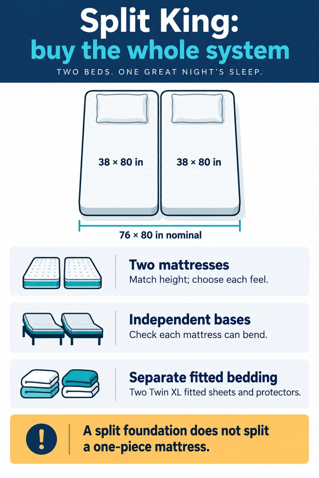 Split king system diagram showing two nominal 38 by 80 inch Twin XL mattresses, separate bases and fitted bedding.