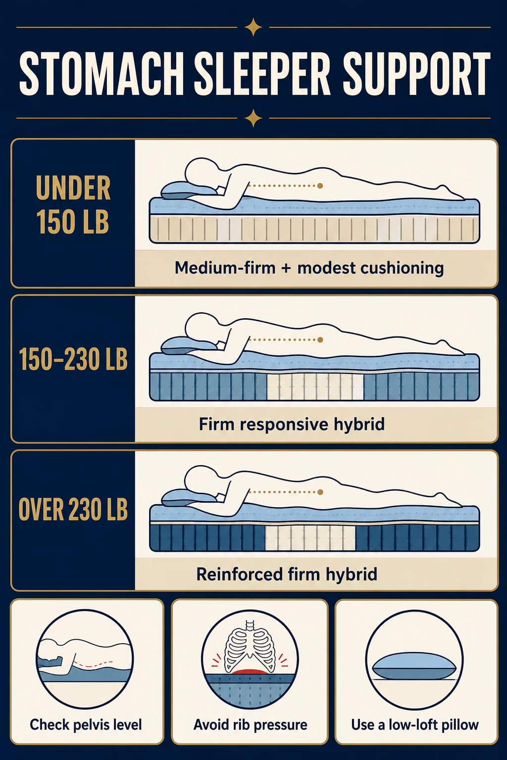 Stomach-sleeper mattress support guide by body weight with pelvis, rib-pressure and pillow checks