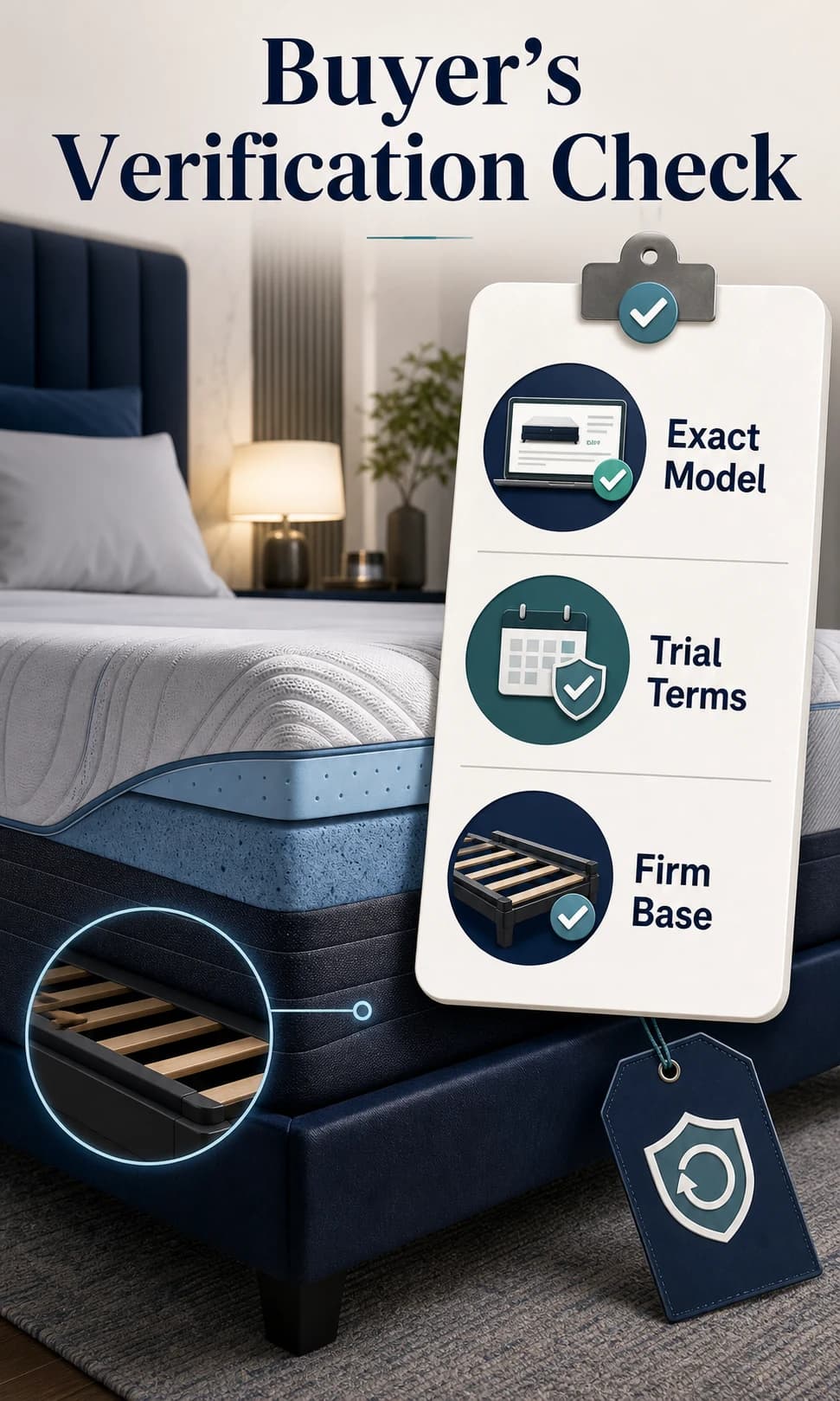 Professional buyer verification infographic showing exact model, trial terms, and firm base checks for Tempur-Pedic shoppers