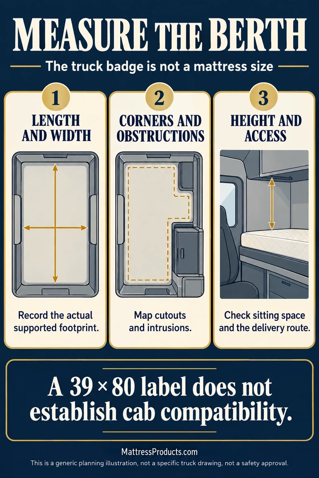 Record the supported berth footprint, corner obstructions, height above the mattress and delivery route instead of selecting a mattress from a truck badge alone.