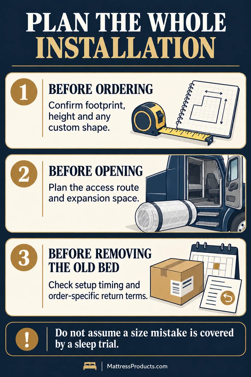 Before ordering confirm the berth, before opening plan access and expansion, and before removing the old mattress check setup timing and size-error return exclusions.