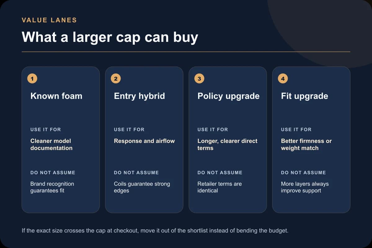 Four value lanes showing known foam, entry hybrid, policy upgrade, and sleep-fit upgrade