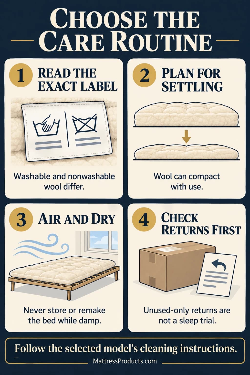 Check the selected wool topper's exact cleaning label, expect model-specific settling, dry it fully and read unused-only return restrictions before use.