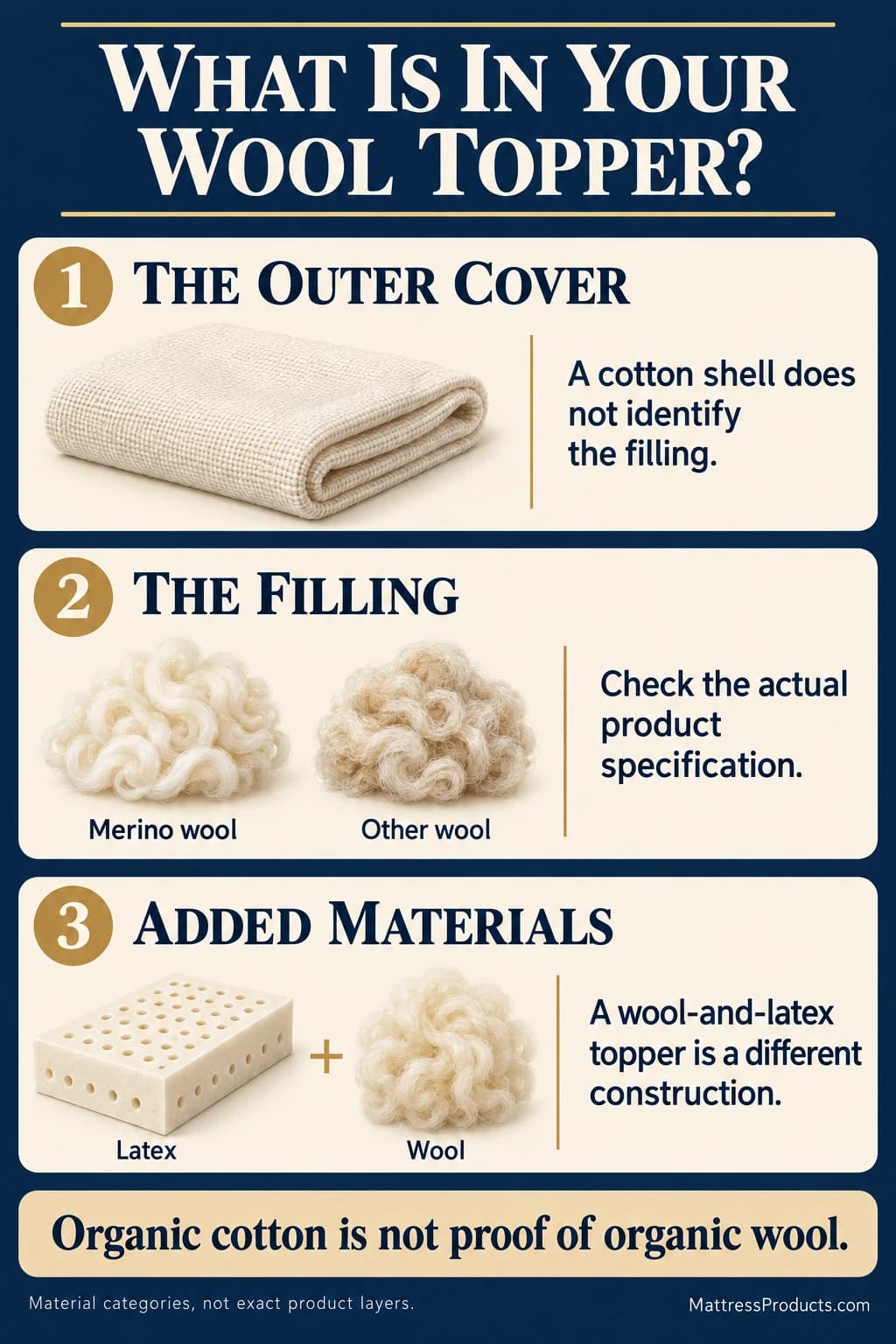 Identify the outer cover separately from Merino or other wool filling, and distinguish wool-only bedding from a wool-and-latex construction.