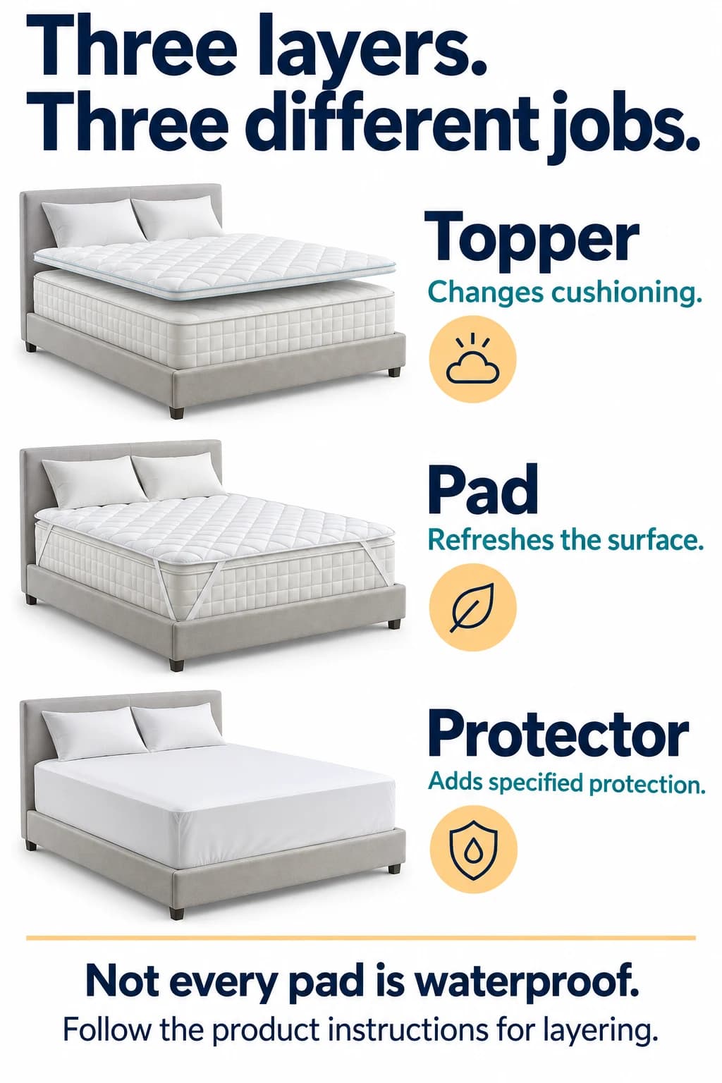 Three separate bed illustrations: topper for cushioning, pad for surface refresh and protector for specified protection.