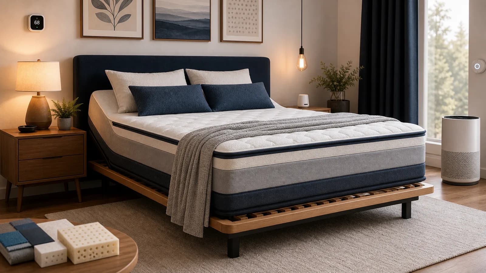 Engineered bedroom setup with mattress, slatted foundation, pillows, amber lighting, blackout curtains, thermostat and air purifier