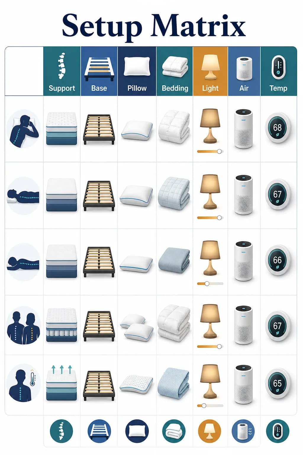 Bedroom setup matrix showing support, base, pillow, bedding, light, air and temperature components