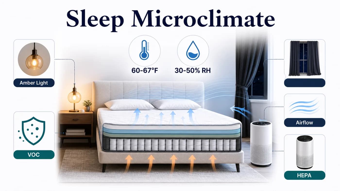 Sleep microclimate infographic with temperature, humidity, amber light, VOC, airflow and HEPA air quality controls