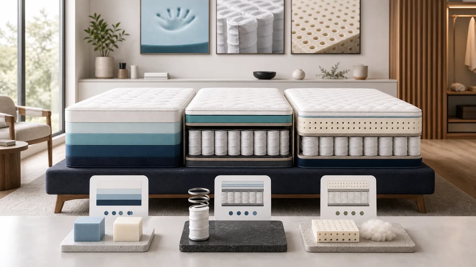 Premium mattress brand comparison studio with memory foam, pocketed coil hybrid, and latex hybrid cutaway samples