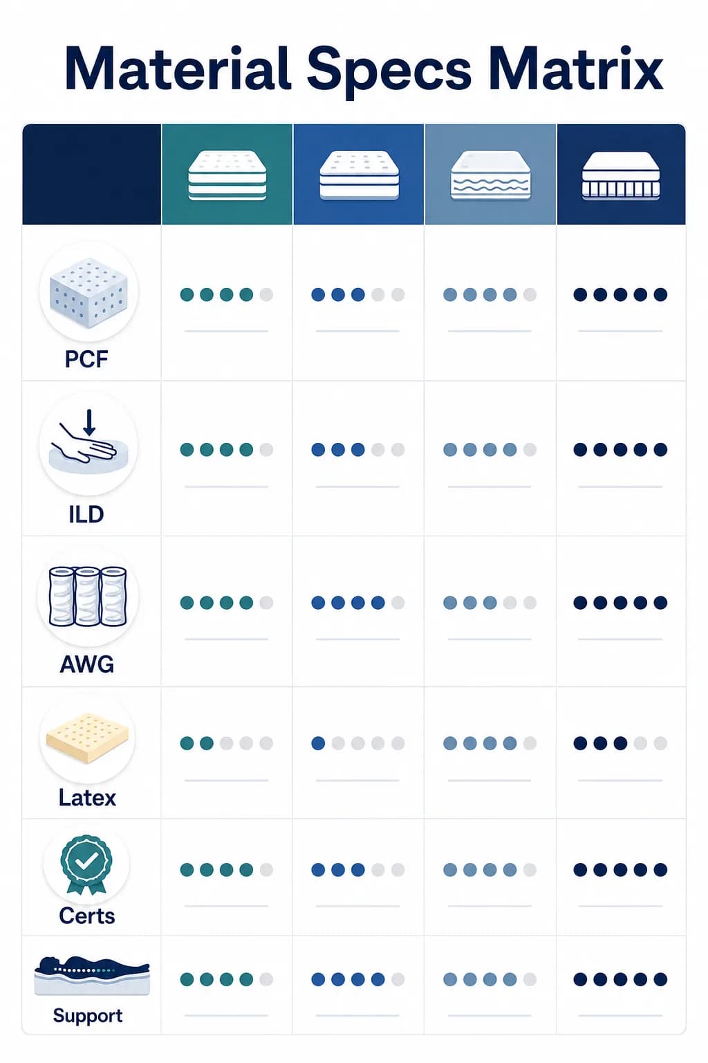 Material specs matrix for mattress brand comparisons showing PCF, ILD, AWG, latex, certifications, and support
