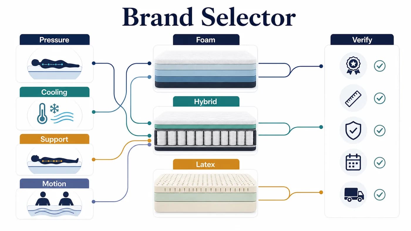 Brand selector map connecting pressure, cooling, support, and motion needs to foam, hybrid, latex, and verification