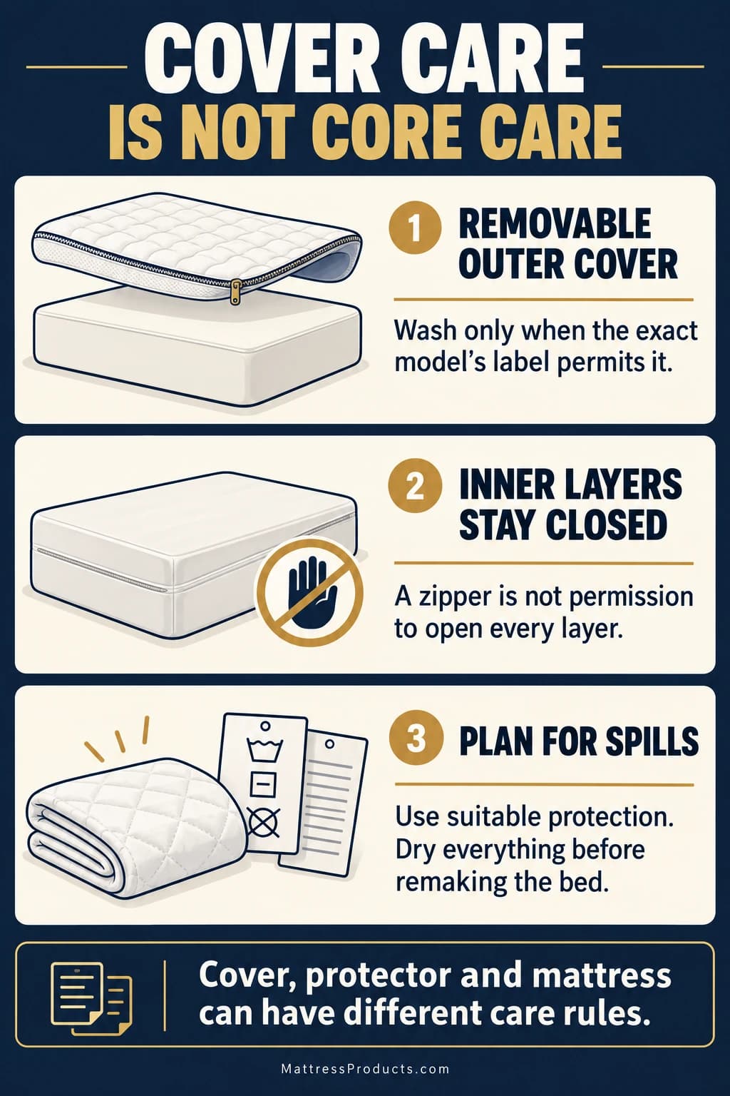 Only wash a removable outer cover when its label permits it; keep inner layers closed and plan separate care for the protector, cover and mattress.