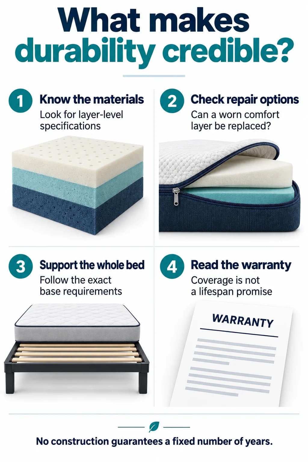 Durability checklist: inspect material specifications, replacement-layer options, base requirements and warranty coverage; none guarantees a fixed lifespan.