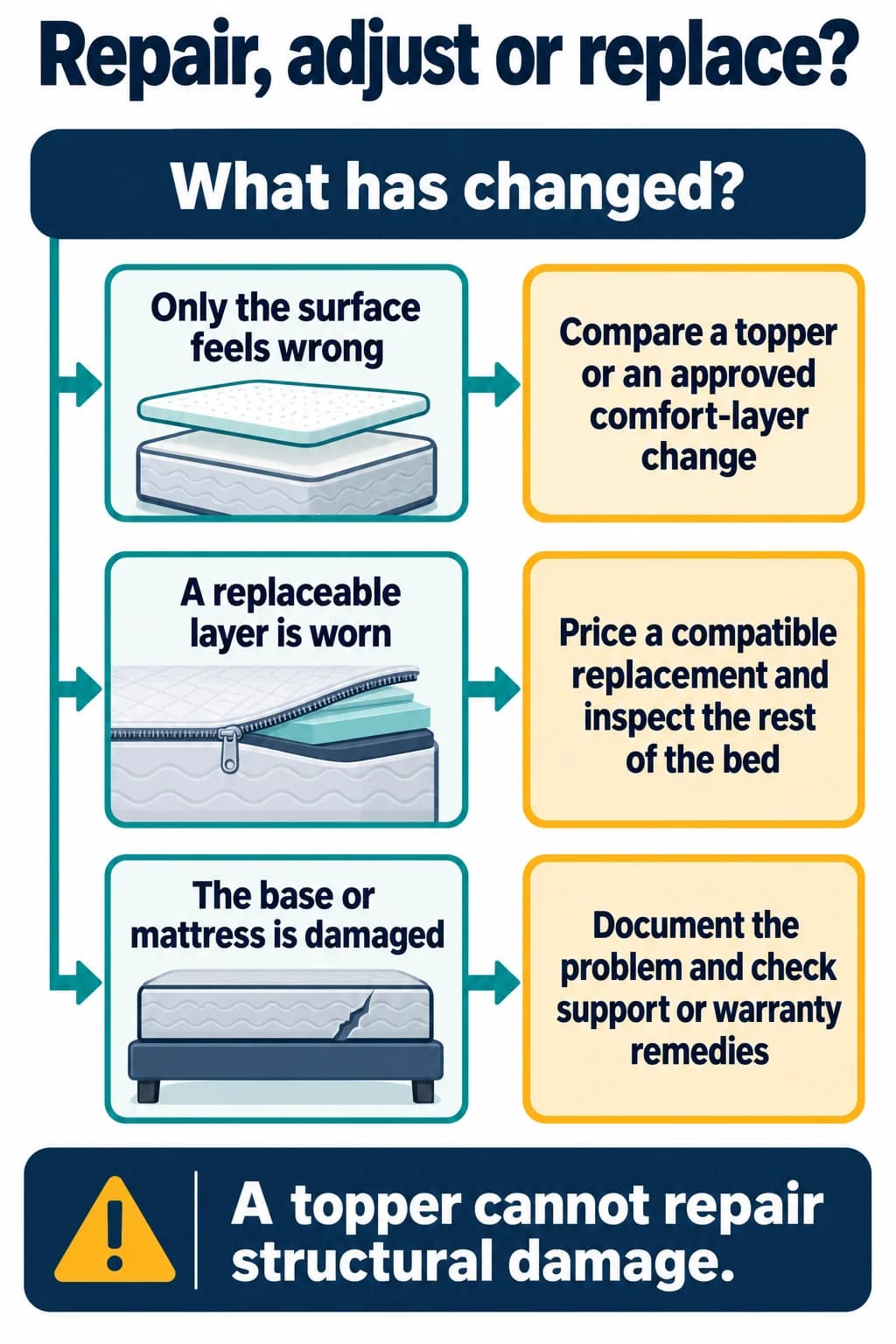 Decision flow for a changed mattress: assess surface feel, a worn replaceable layer or damage before choosing adjustment, compatible replacement parts or a warranty remedy.