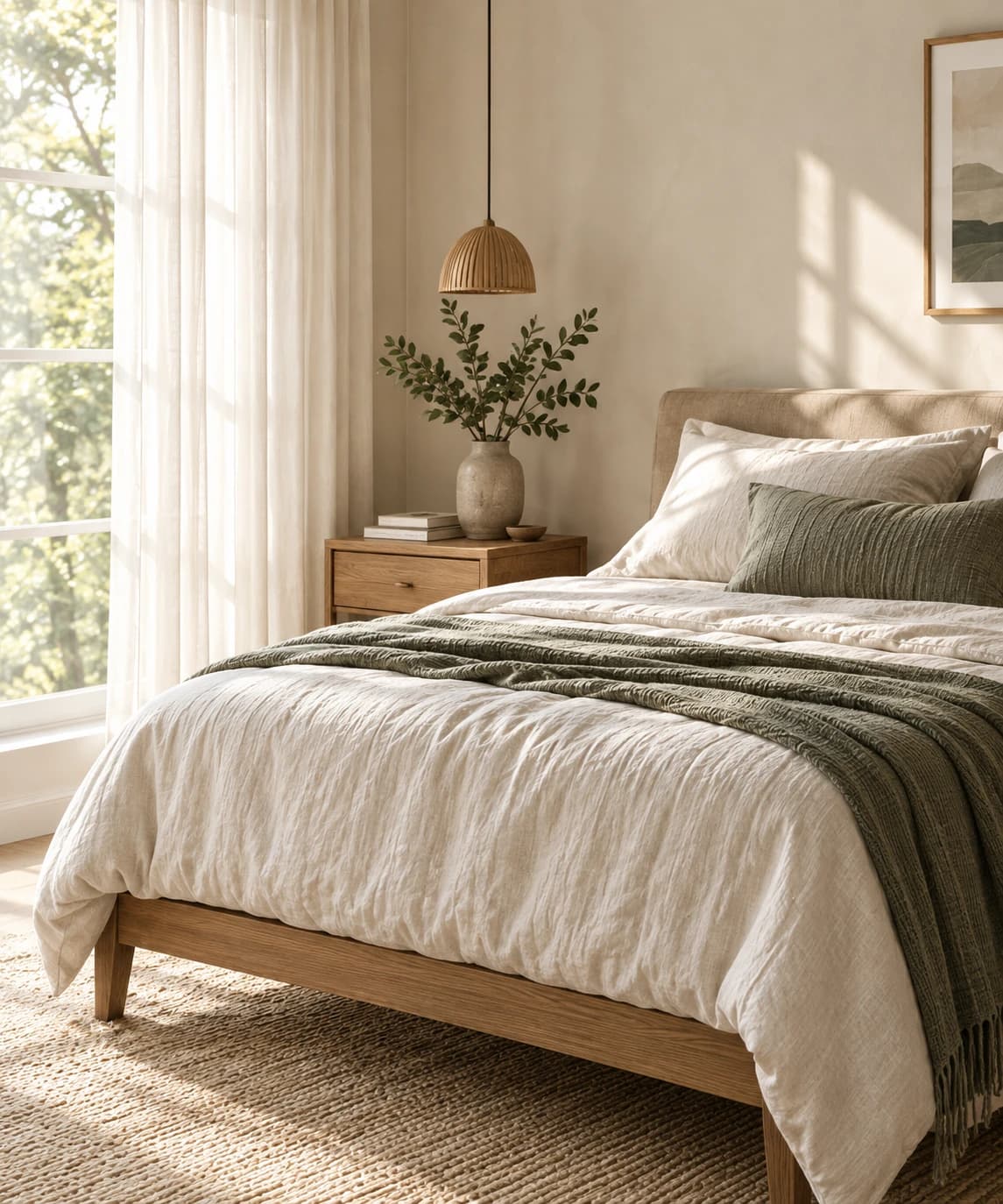 Soft morning light in a quiet bedroom with natural linen and a sage blanket