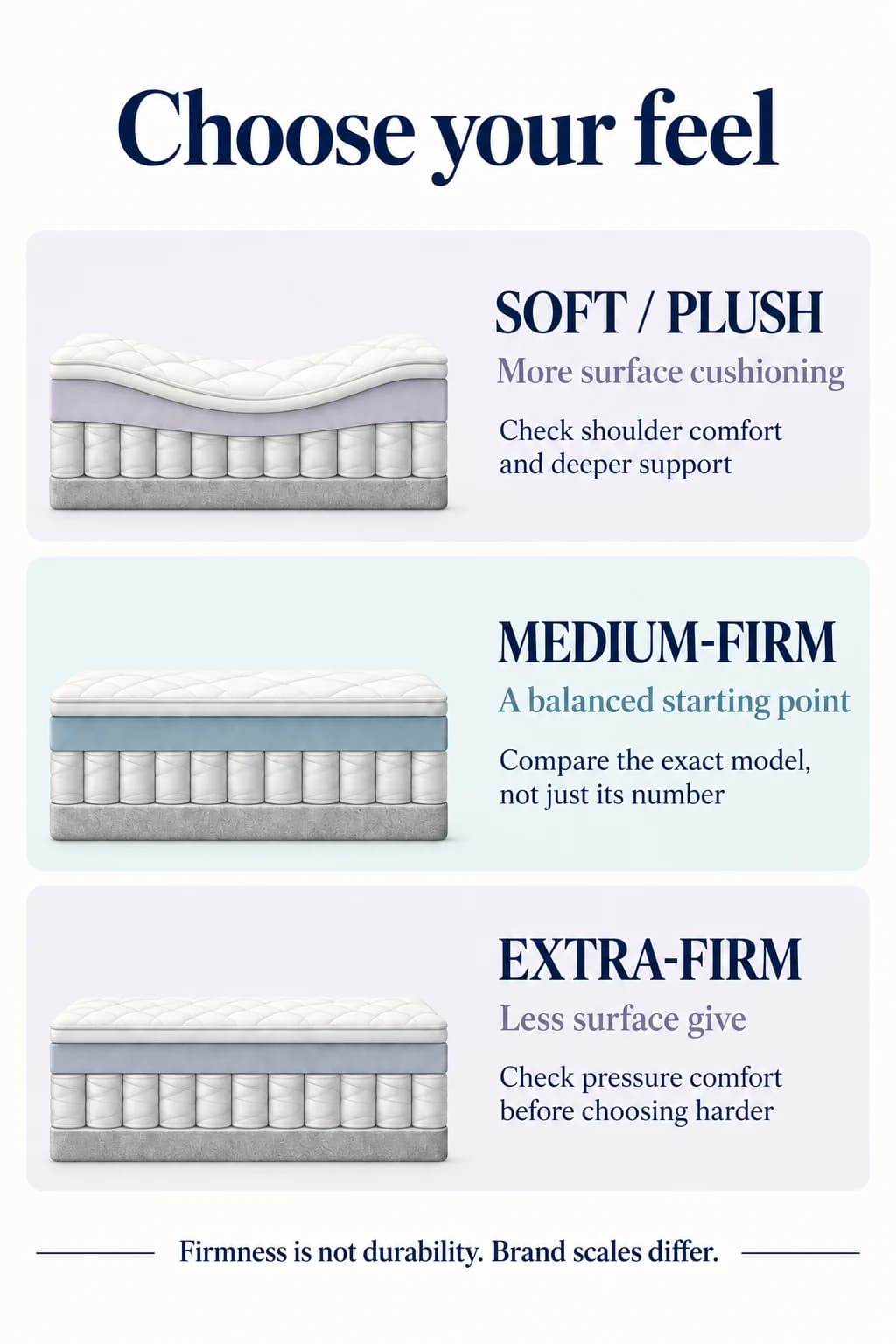 Firmness decision infographic: extra-firm means less surface give; pressure comfort still needs checking, and firmness is not durability.