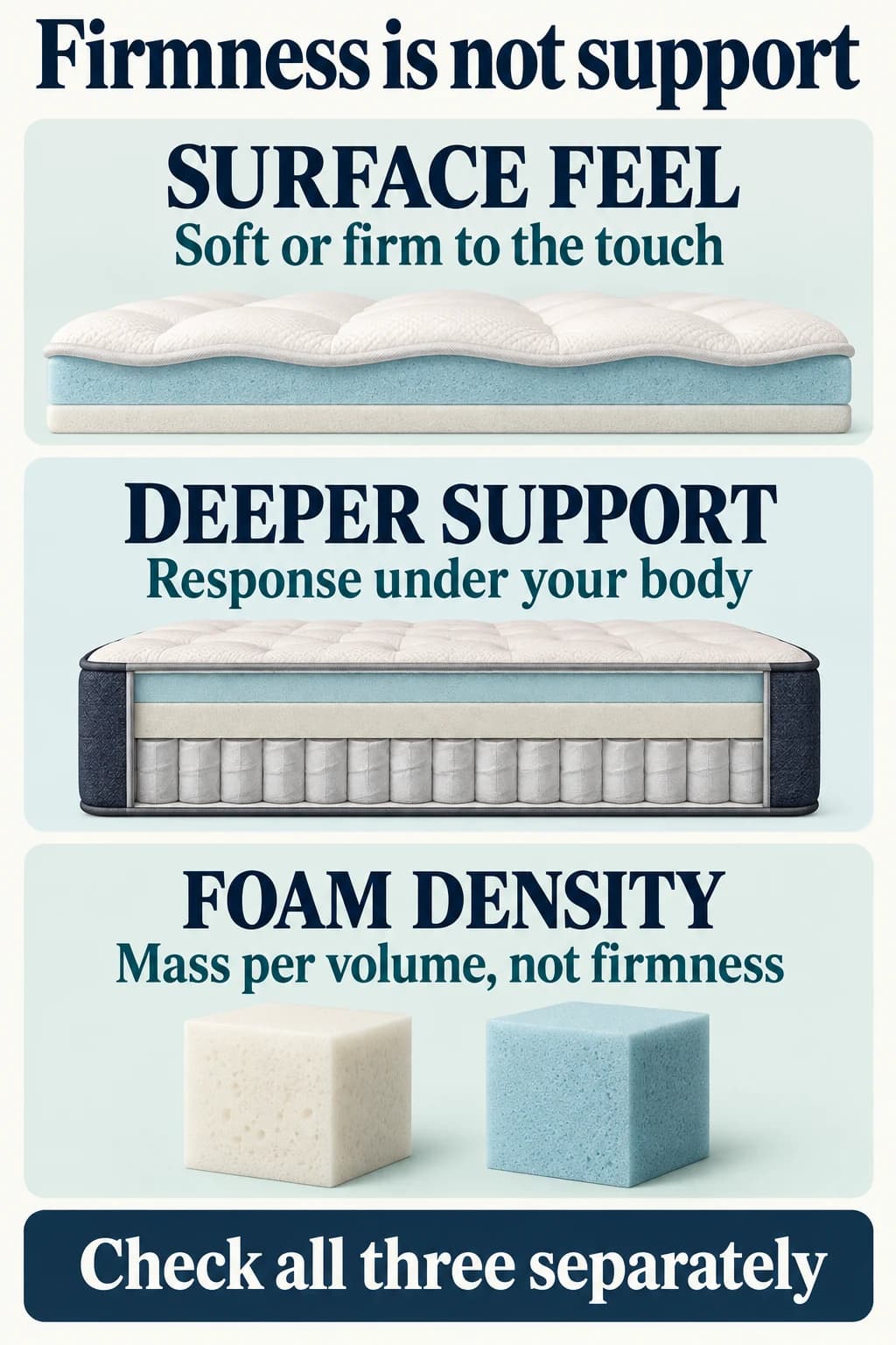 Three distinct concepts: surface firmness, deeper mattress support and foam density. Density is mass per volume, not a firmness score.