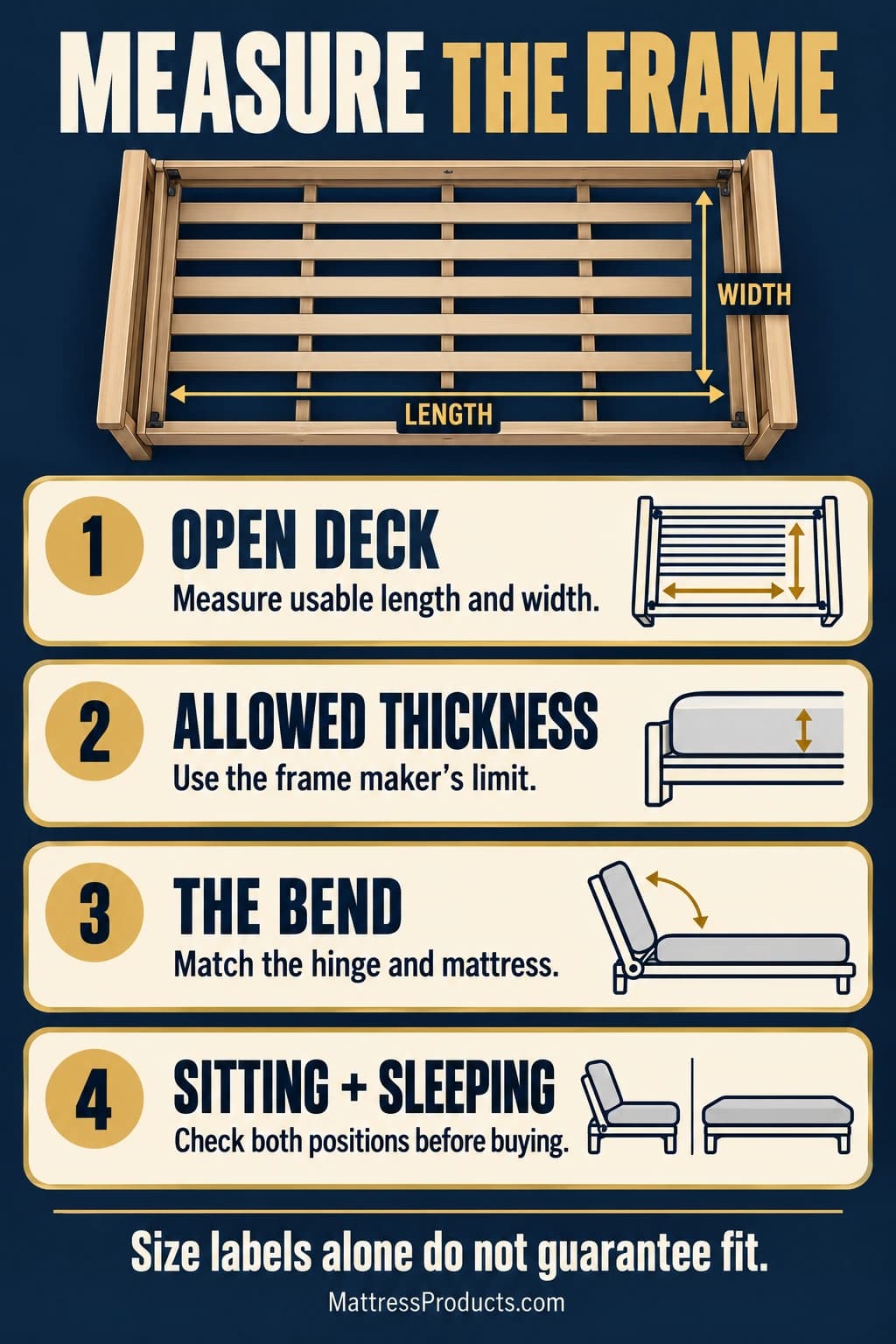 Measure the open futon's usable deck length and width, use the frame maker's thickness limit, match the hinge and mattress, and check sitting and sleeping positions. Size labels alone do not guarantee fit.