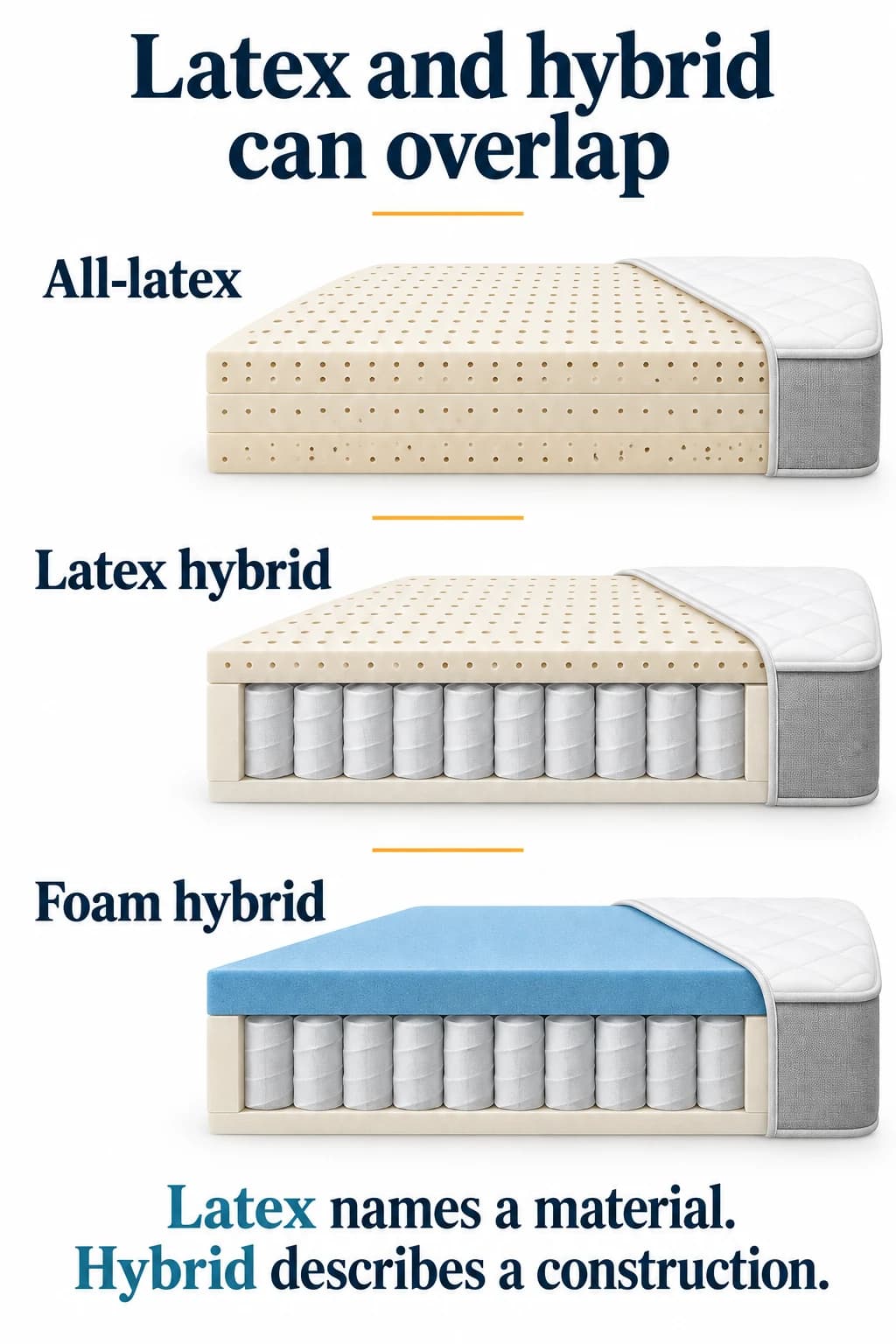 Three conceptual mattress cutaways: all-latex, latex above coils and comfort foam above coils.