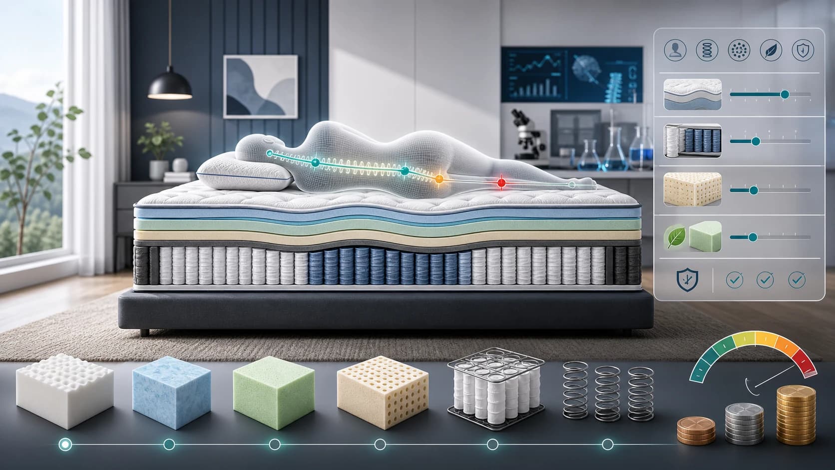 Mattress buying guide engineering visual with layers, coils, foam samples and value scoring