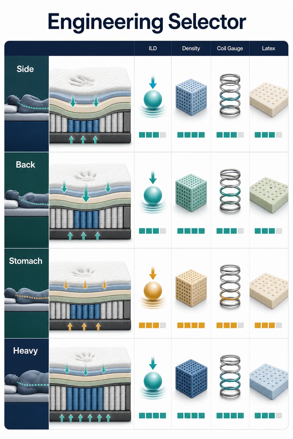 Engineering selector infographic with side, back, stomach and heavy sleeper mattress specifications for ILD, density, coil gauge and latex