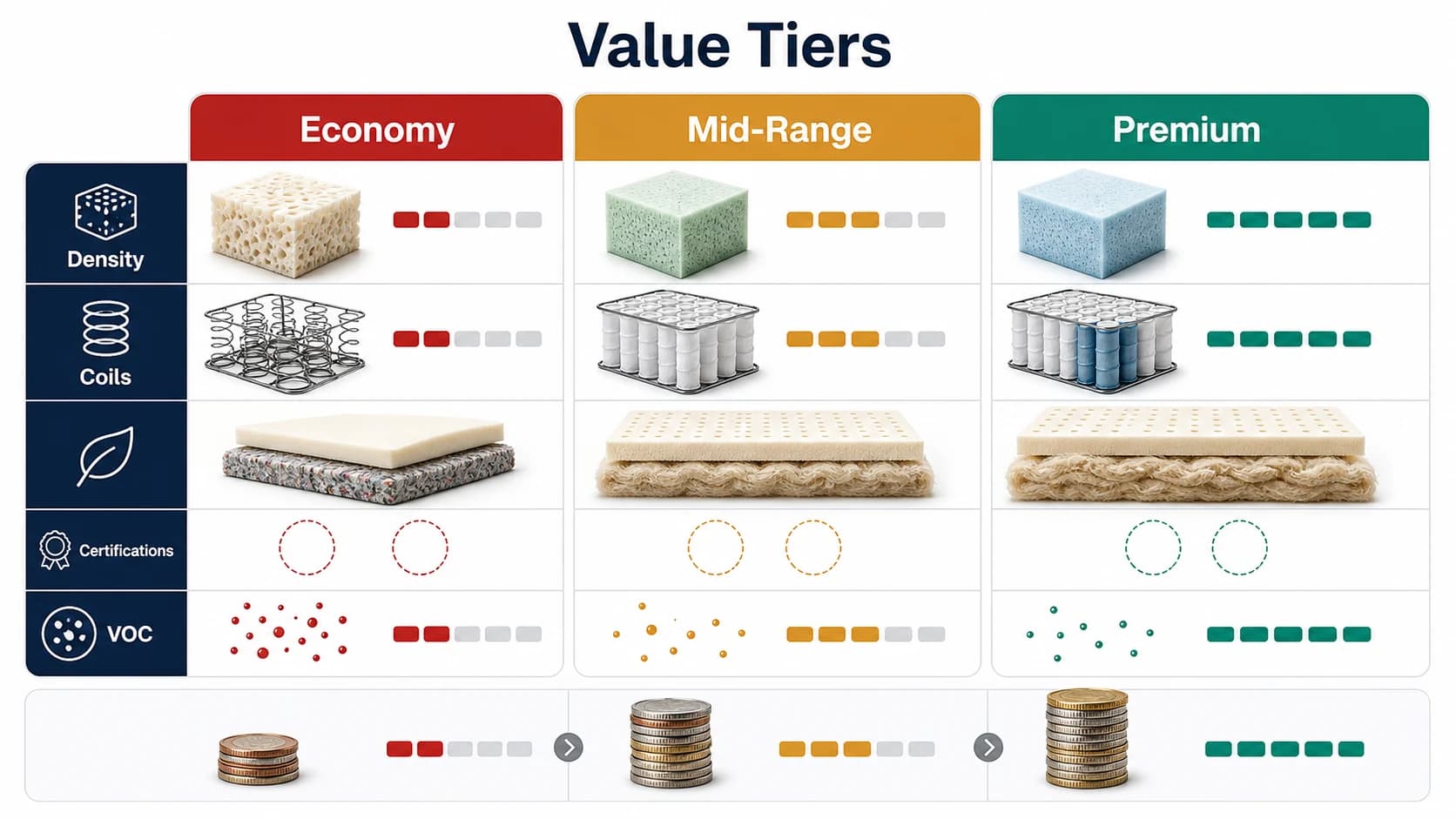 Mattress value tiers infographic comparing economy, mid-range and premium builds by density, coils, certifications and VOC checks