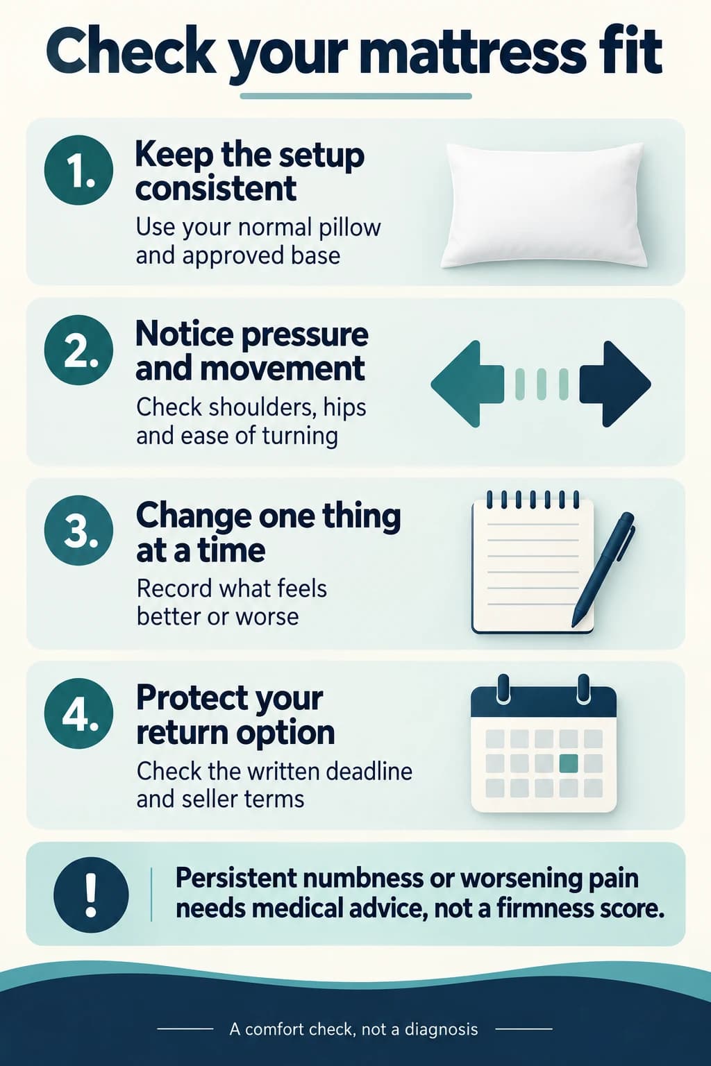 Four-step mattress comfort check: keep the setup consistent, notice pressure and movement, change one thing at a time, and protect your return option. Persistent numbness or worsening pain needs medical advice.