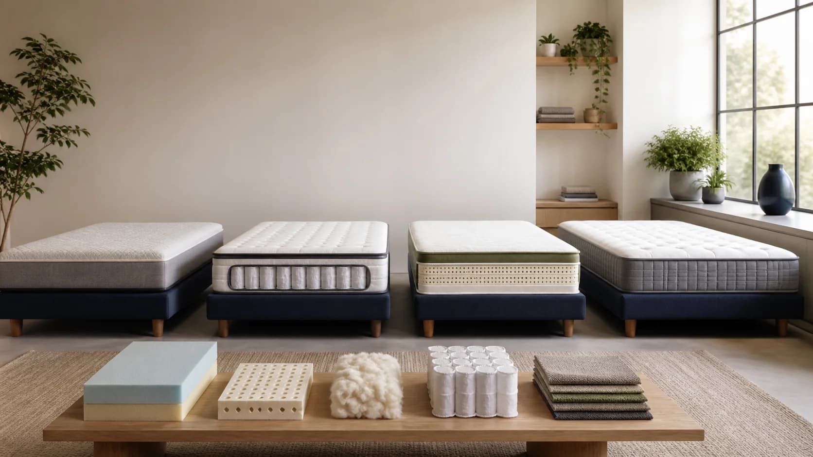 Four mattress constructions displayed with foam, latex, wool, fabric, and pocket-coil material samples