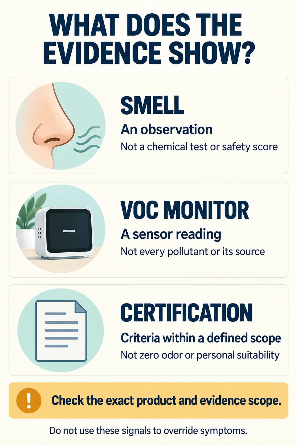 Smell is an observation, a VOC monitor is a sensor reading, and certification applies only within its defined scope.