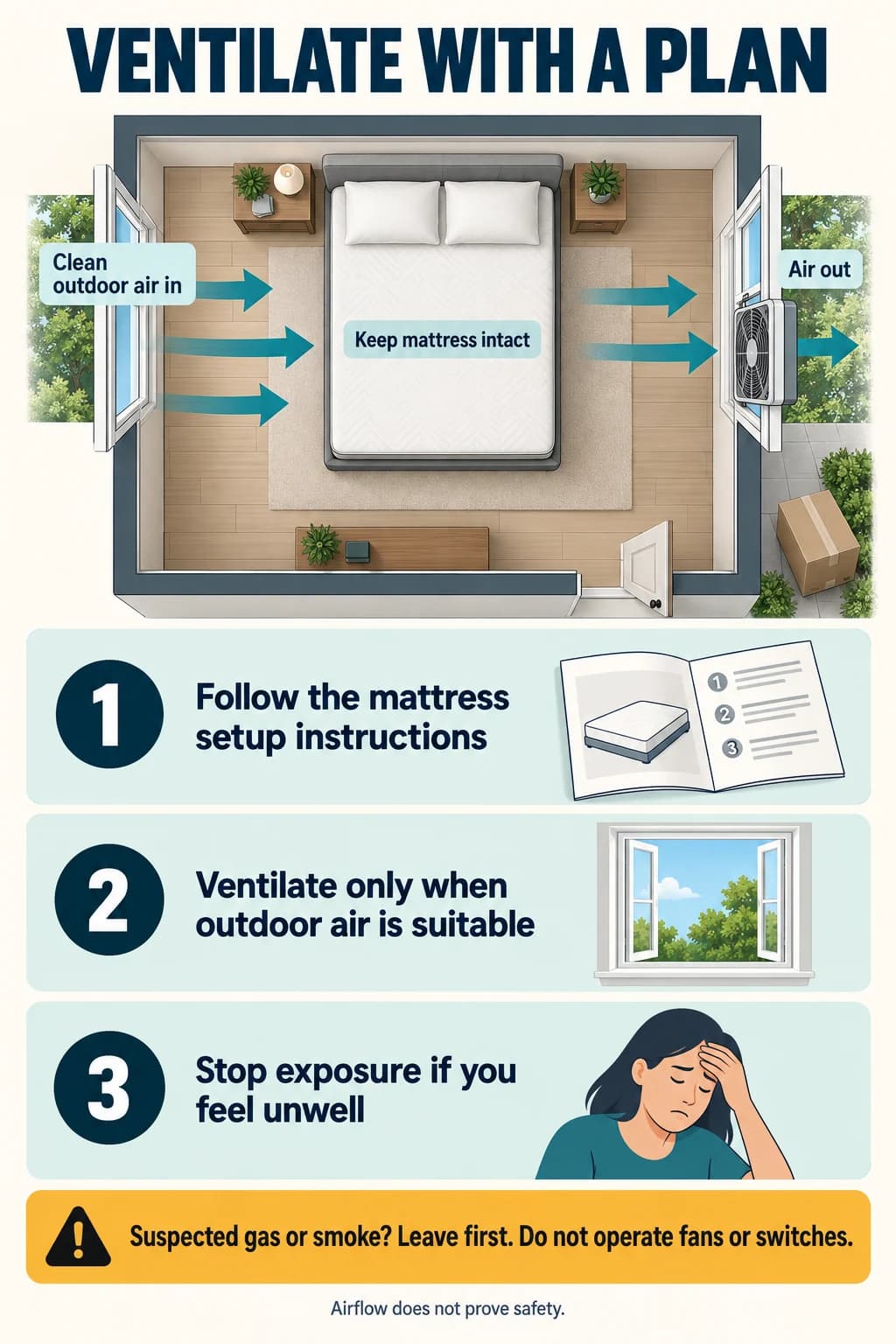 Ventilation plan: intact mattress, clean outdoor air entering and air exhausting outward; stop exposure if unwell.
