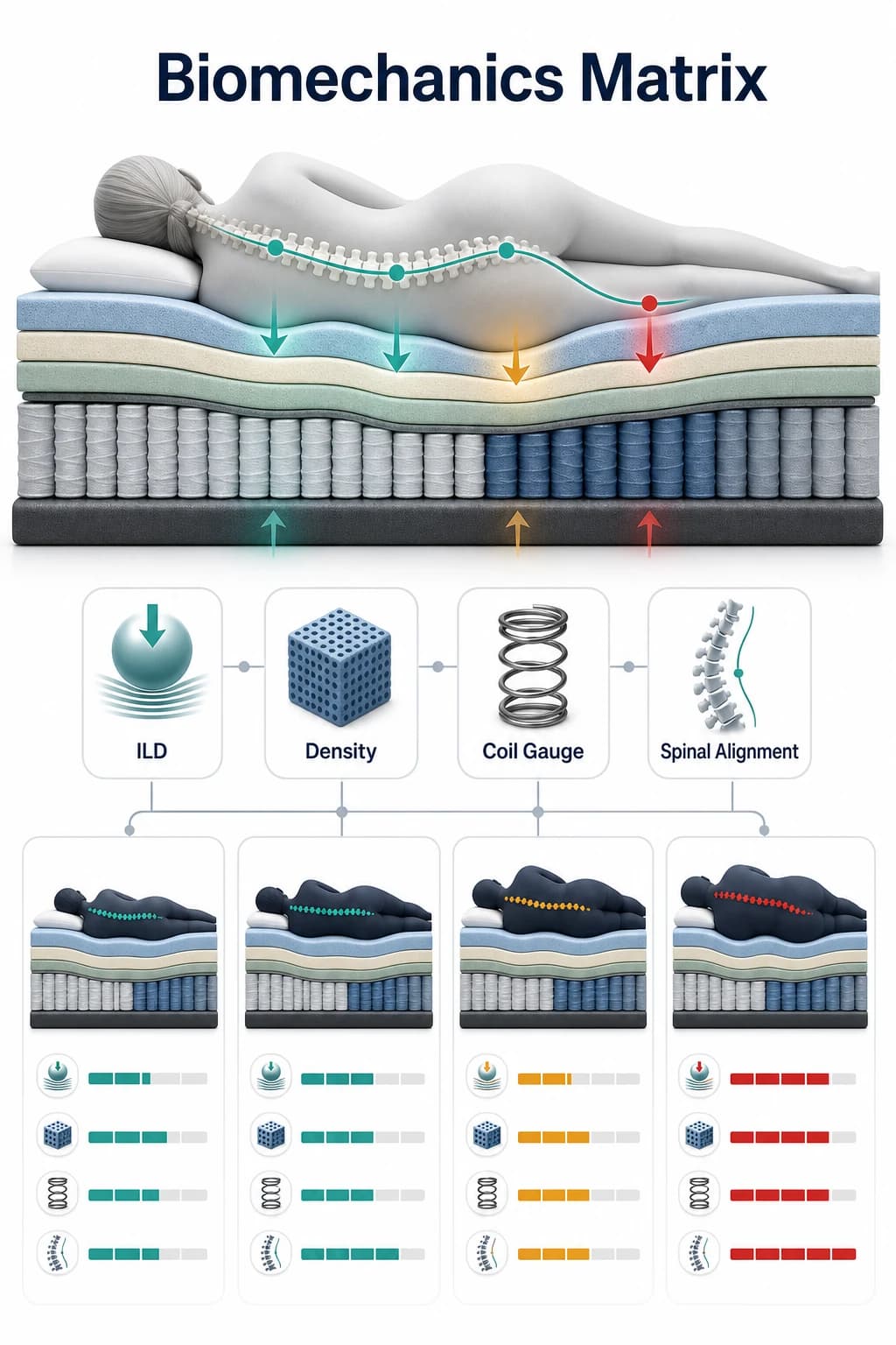 Biomechanics matrix infographic showing ILD, density, coil gauge and spinal alignment across mattress layers
