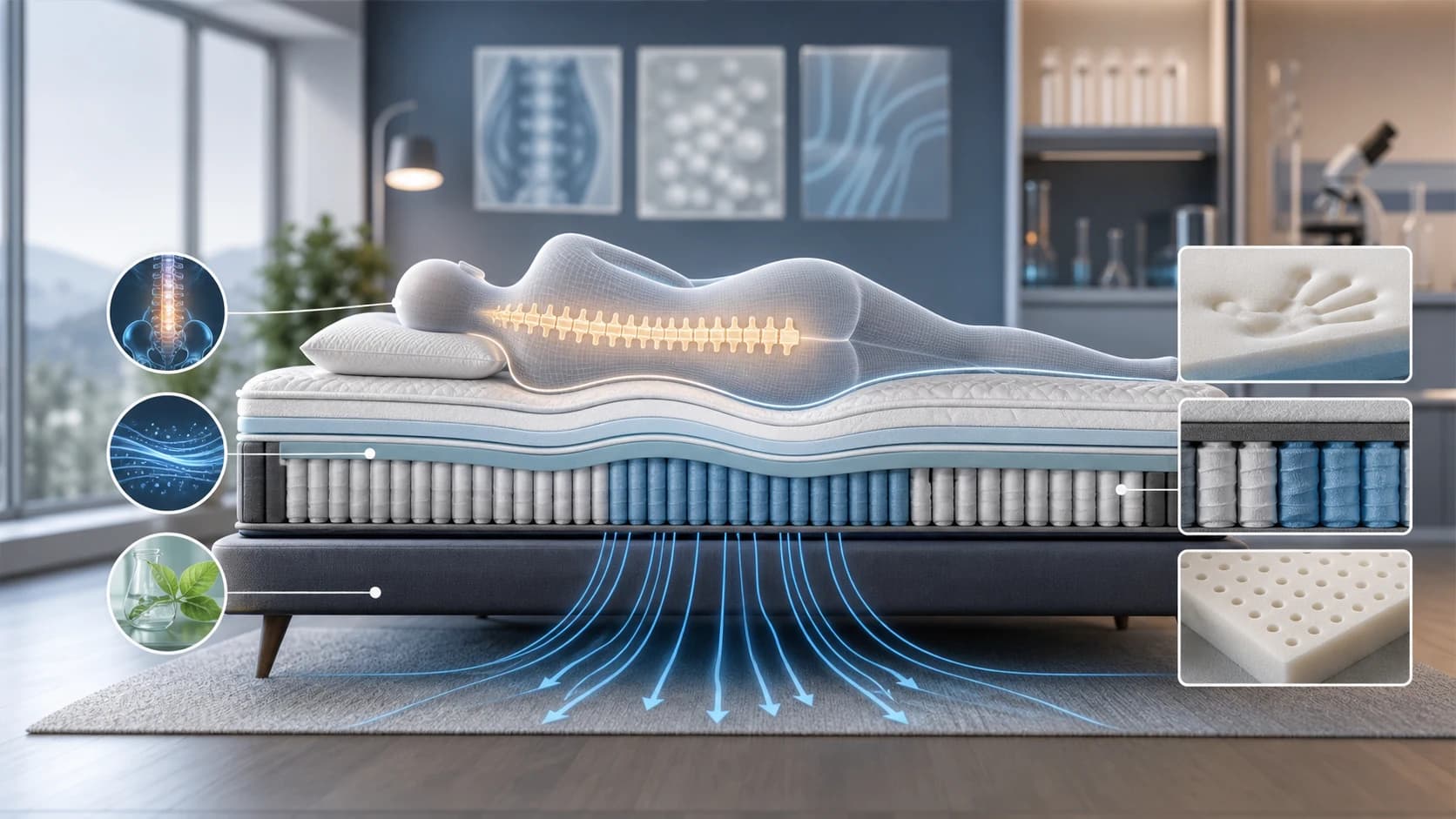 Mattress engineering sleep health visual with spinal alignment and airflow