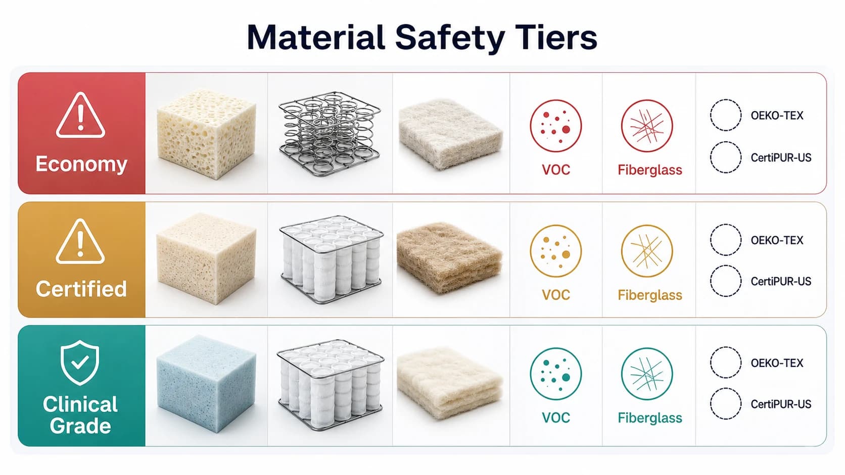 Material safety tiers infographic comparing economy, certified and clinical grade mattress materials with VOC and fiberglass checks