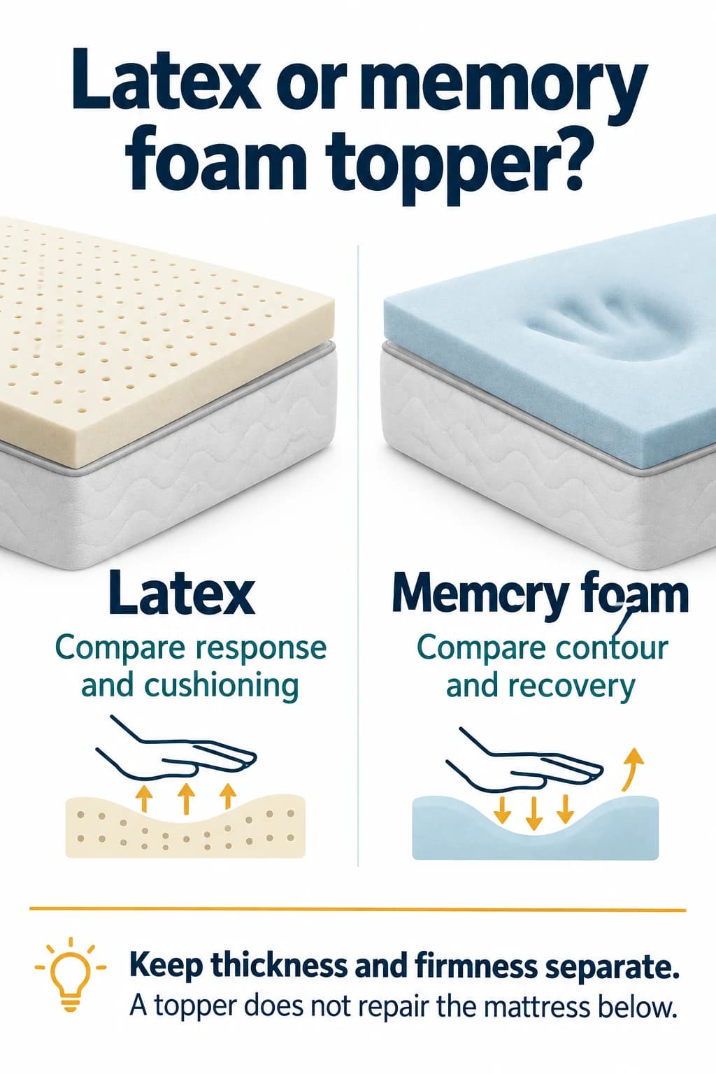 Latex and memory foam topper comparison showing response and contour on the same mattress.