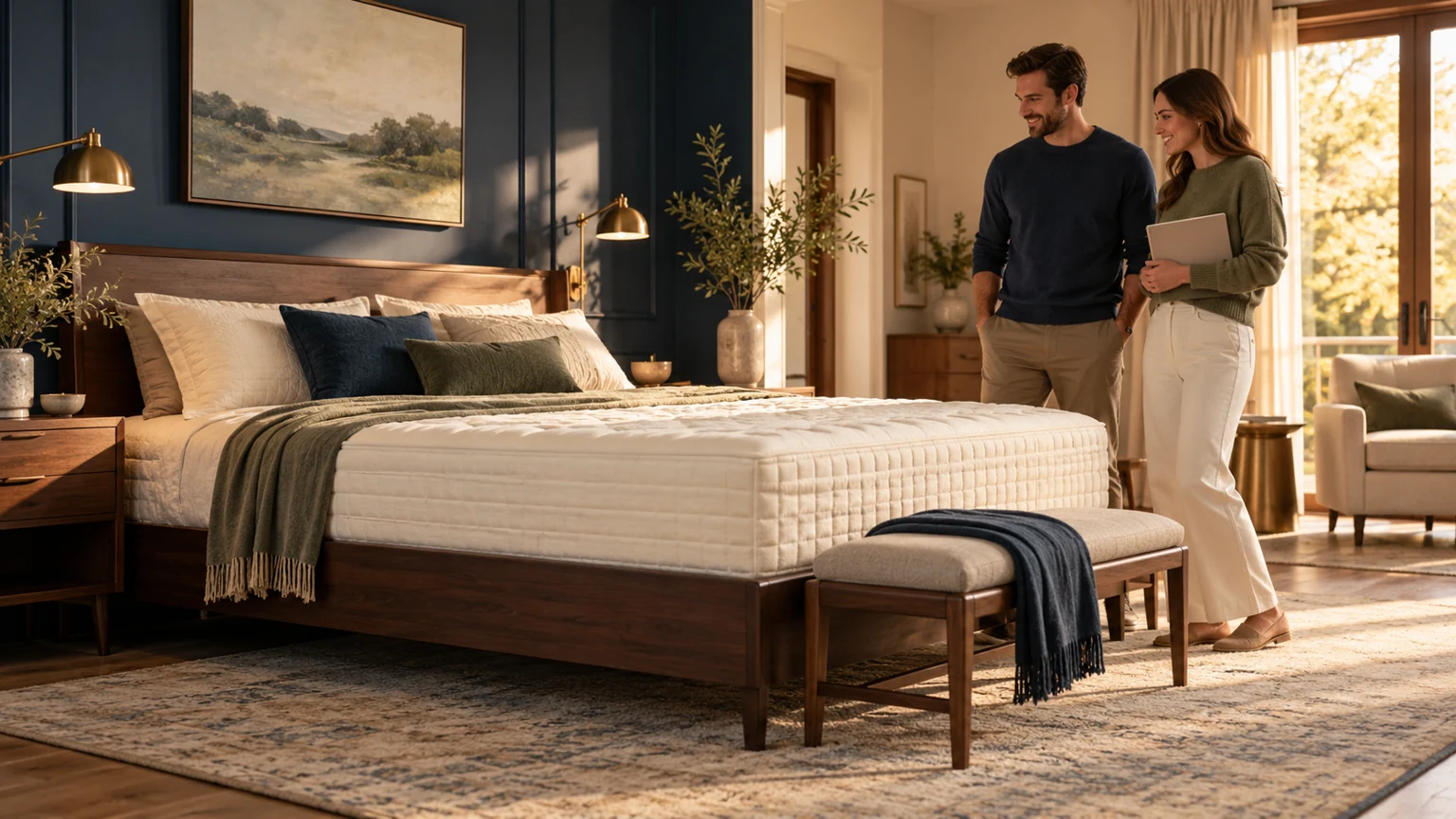 Original AI lifestyle reference of a fictional couple considering an unbranded bed in a warm navy-and-cream bedroom