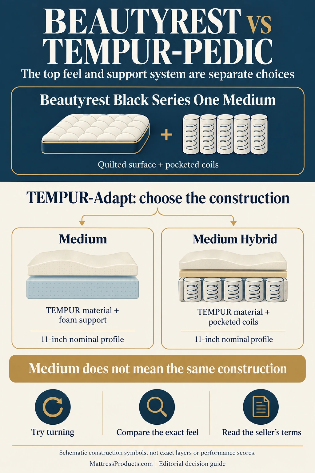 Construction decision map separating quilted Black Series One Medium, foam-supported Adapt Medium and coil-supported Adapt Medium Hybrid