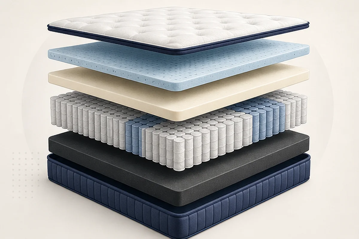Exploded mattress-layer diagram supporting the Bear model-lineup map