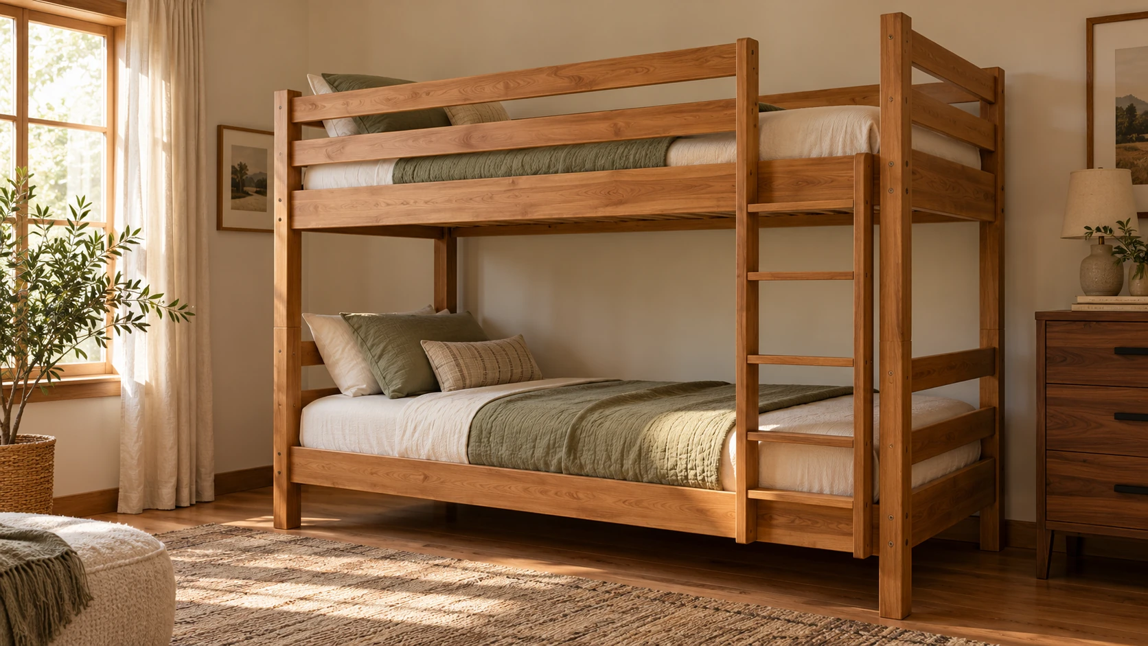 AI-generated reference bedroom with an unoccupied generic wooden bunk bed, thin mattresses and tall upper guardrails