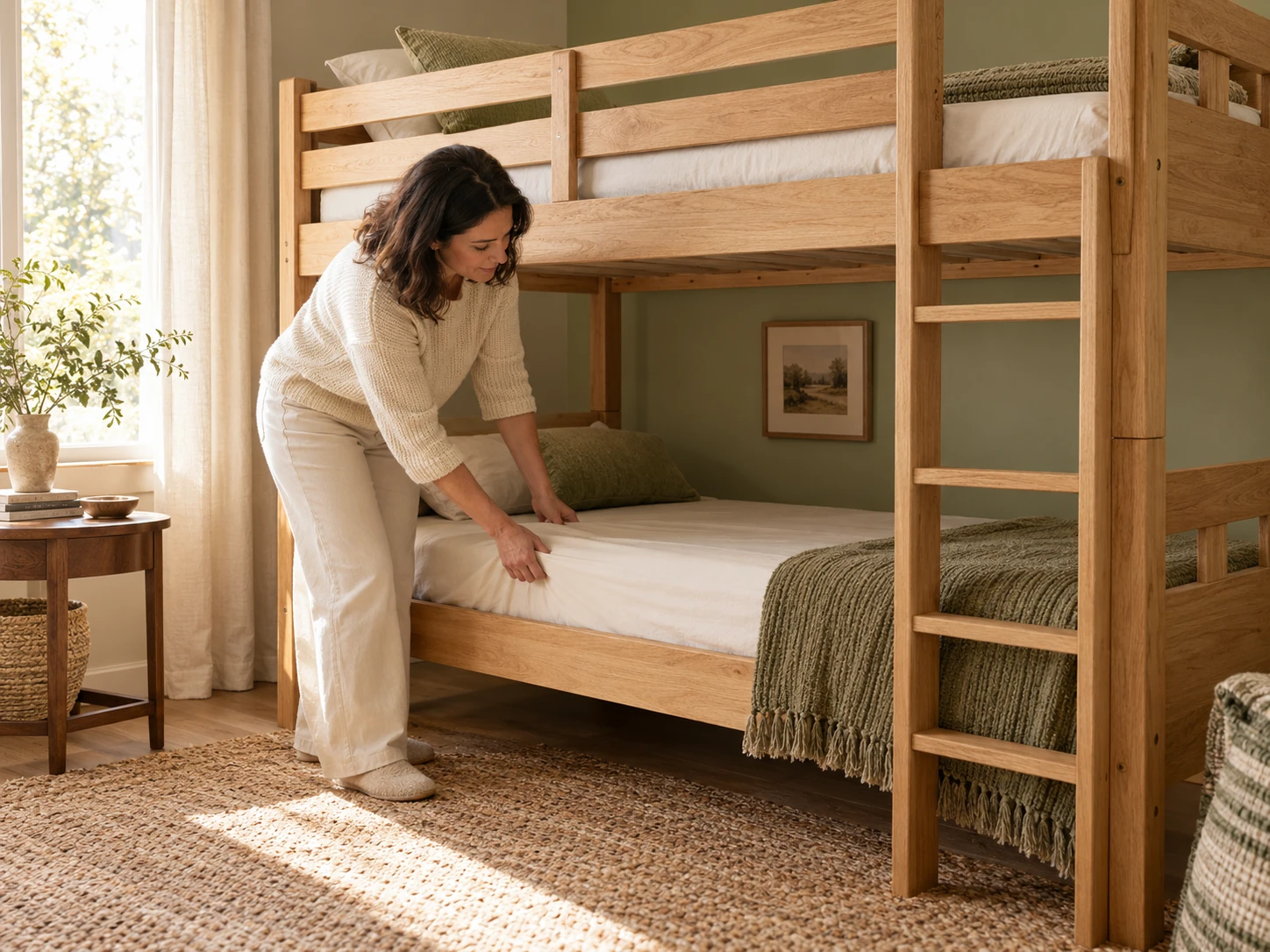 AI-generated reference of a fictional woman making the lower bed of a generic bunk; not a Max and Lily product