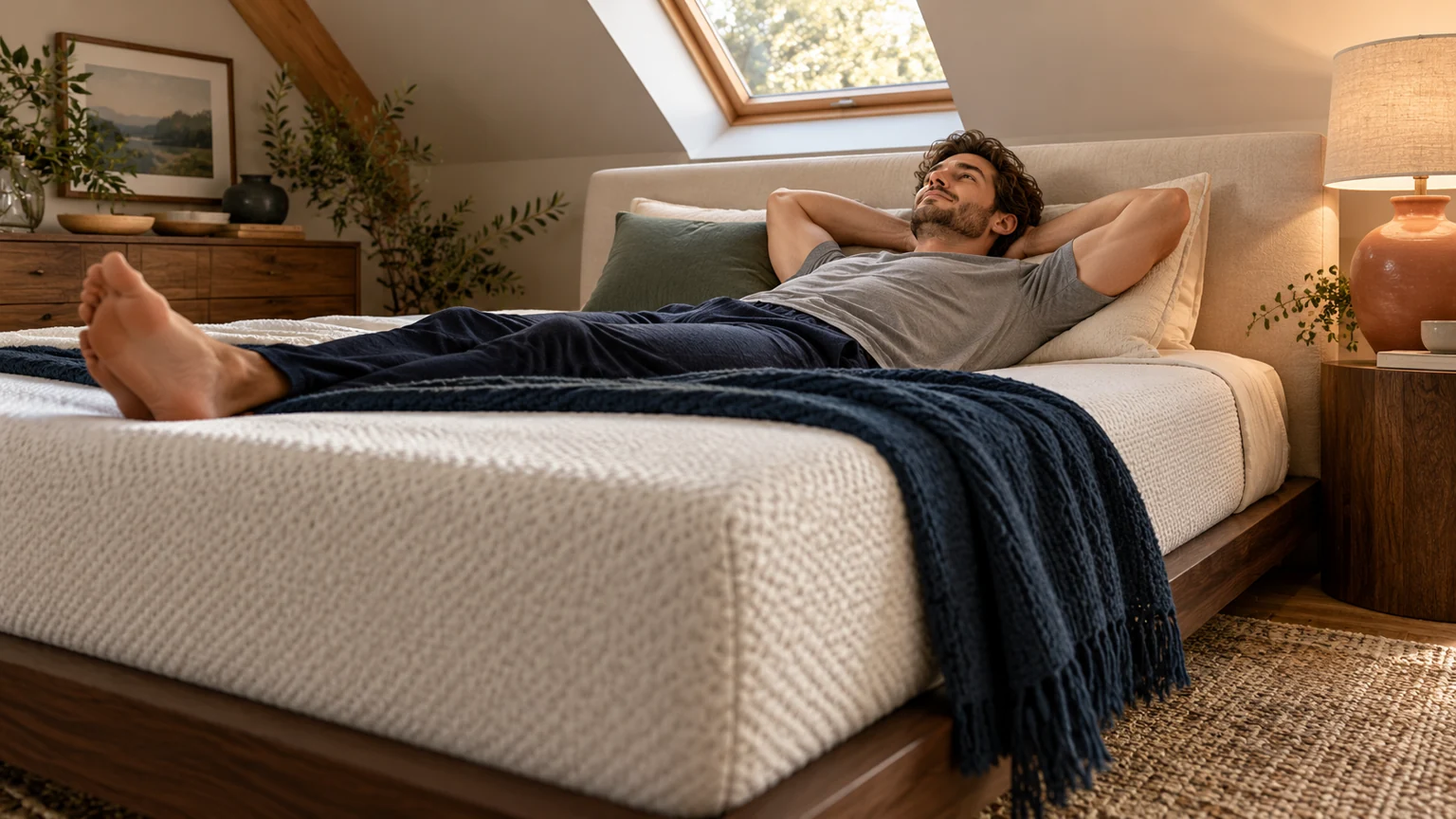 Original AI reference of a fictional adult resting on an unbranded bed in a warm attic bedroom