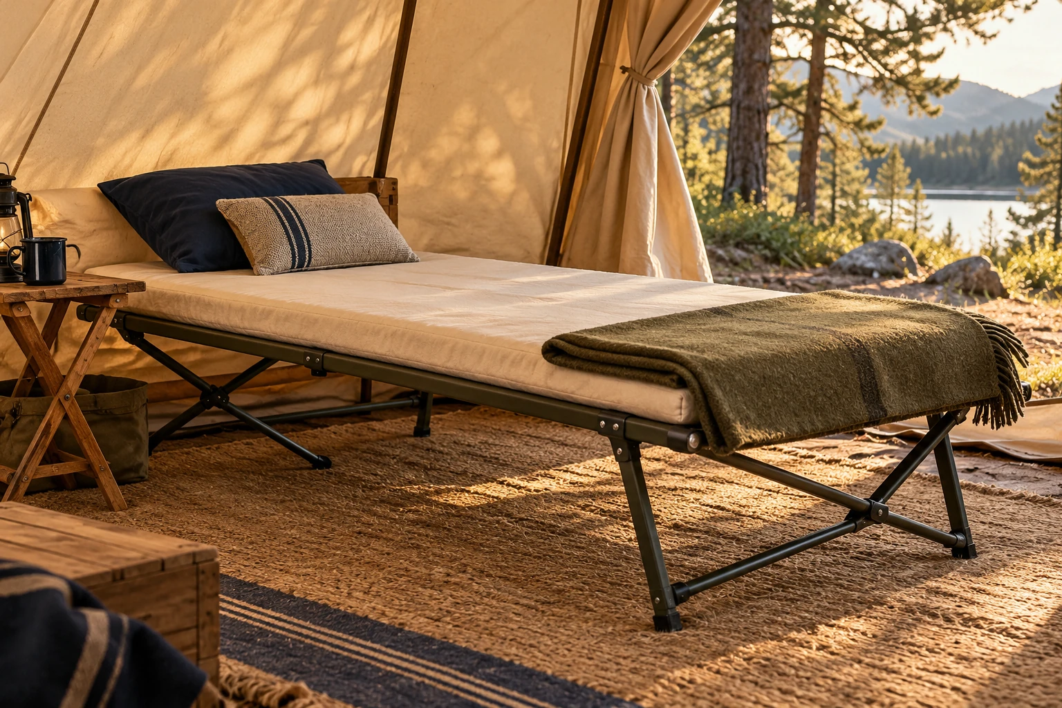 AI-generated generic adult camping cot with a cream foam pad in a warm canvas tent