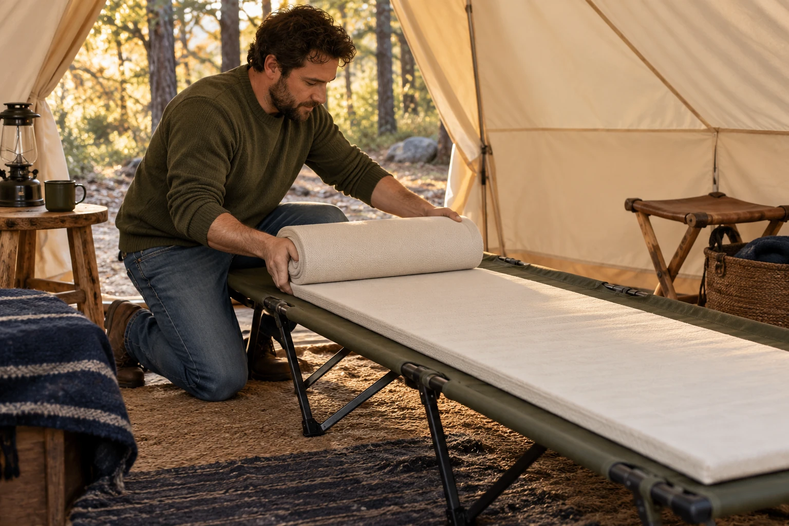 AI-generated fictional adult unrolling a generic foam pad onto a camping cot in a canvas tent