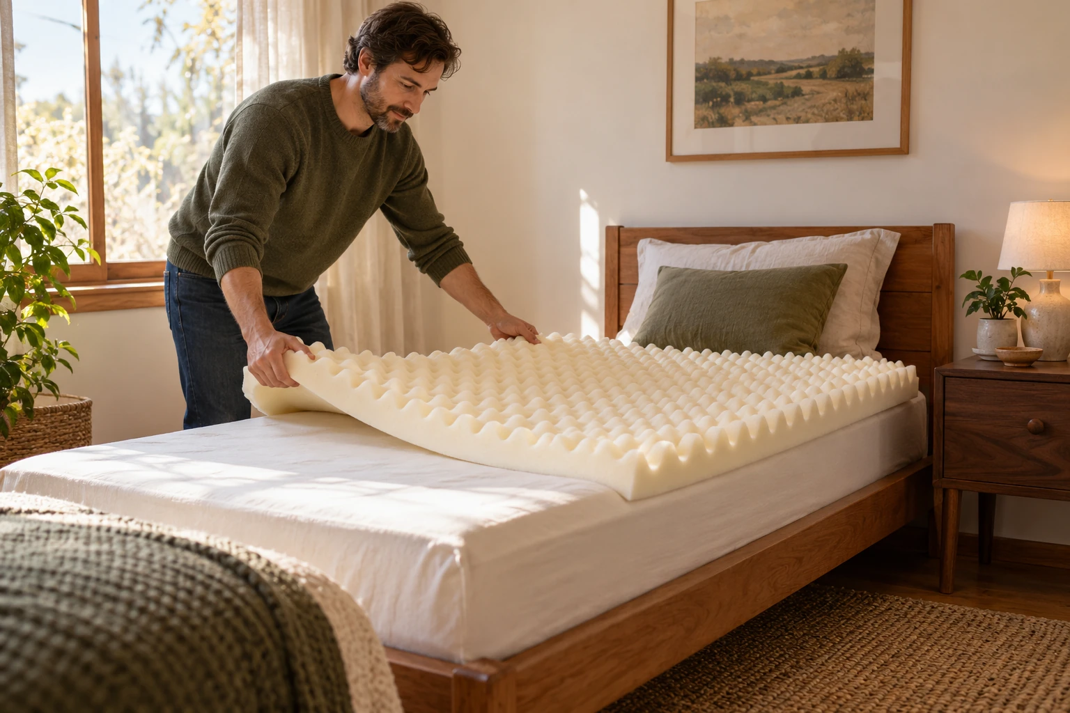 AI-generated fictional adult positioning a generic profiled foam topper on a bed